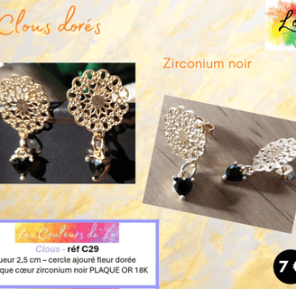 Boucles clous rosace dorée cœur zirconium noir Les Couleurs de Lo