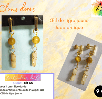 Boucles clous dorés Œil de tigre jaune Jade antique Les Couleurs de Lo