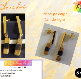 Boucles clous dorés barre acier Jaspe paysage Œil de tigre Les Couleurs de Lo