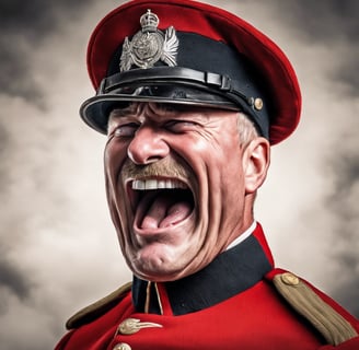 Close up AI image of a Regimental Sergeant Major (RSM) shouting commands.