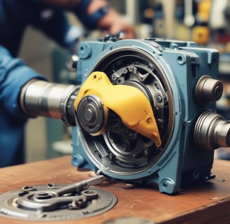 Close-up view of a metal mechanical component with interconnected rods and cylindrical gears, featuring metallic surfaces with various finishes, surrounded by industrial machinery parts.