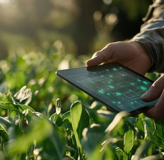 a man holding a tablet computer in a field