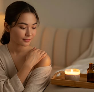 Người phụ nữ Việt massage bằng nến dưỡng thể trong không gian sống chậm và ấm áp