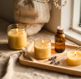 Flat lay nến sáp ong handmade và tinh dầu thiên nhiên