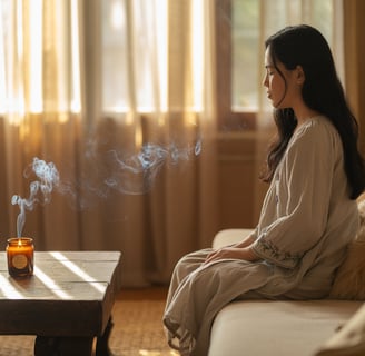 Cô gái người Việt đốt nến thơm khử mùi trong phòng khách yên tĩnh, ánh sáng ấm áp