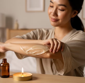 Người phụ nữ châu Á massage tay với nến dưỡng da trong không gian thư giãn tại nhà