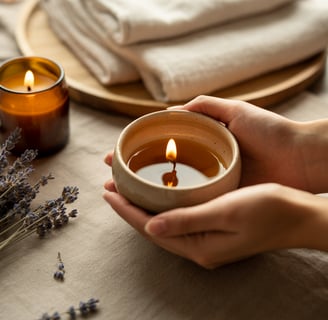 Nến massage đang tan chảy tỏa hương dịu nhẹ trong không gian ấm áp, thư giãn tại nhà