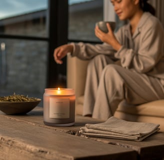 Không gian phòng khách nhẹ nhàng với nến thơm cao cấp và ánh sáng ấm áp, thể hiện phong cách sống chậm và tinh tế.