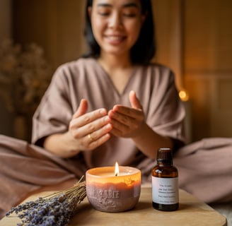 Người phụ nữ Việt thư giãn bên nến massage thủ công, tinh dầu thiên nhiên và ánh sáng dịu nhẹ