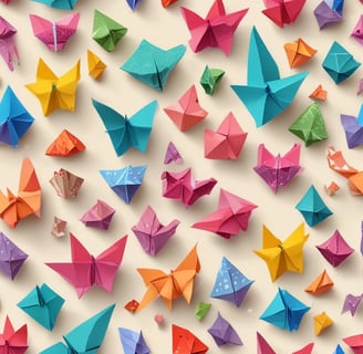 An origami crane is suspended in a dimly lit scene, accompanied by several other paper cranes and abstract shapes. The lighting highlights the intricate patterns and textures on the origami, with a backdrop of soft shadows and concentrated light on the central objects.