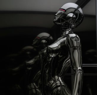 a shiny silver metallic metallic bodysuit with a helmet on