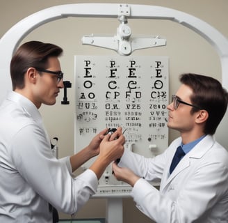 A modern eyewear store with several display tables featuring a variety of eyeglasses. The store has a sleek design with bright ceiling lights, digital screens, and branded displays. Customers are browsing and trying on glasses. A sign offering a free eye test hangs from the ceiling.