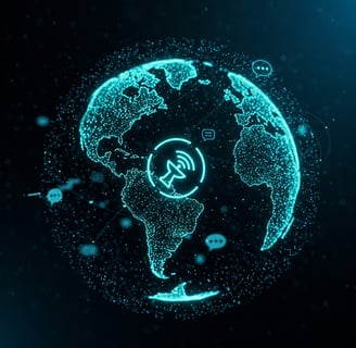 Skaitmeninė Žemė su ryšio ir bendravimo ikonų tinklu, simbolizuojanti globalius kontaktus.