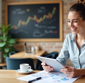 A happy business woman reading a marketing research report, drinking a hot beverage.
