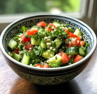Frischer Bulgur-Salat mit Tomaten, Gurken, Kräutern und Zitronen-Dressing