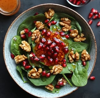 Salat aus gebackener Süßkartoffel, frischem Spinat und Granatapfelkernen