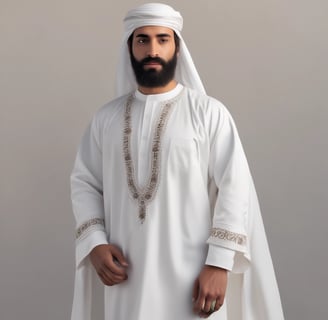 Two men dressed in traditional attire are sitting near a wall adorned with framed Islamic calligraphy art. One man is looking at a phone, while the other is looking ahead. Behind them, various ornate frames display religious inscriptions. Other people are seen walking by, each carrying plastic bags.