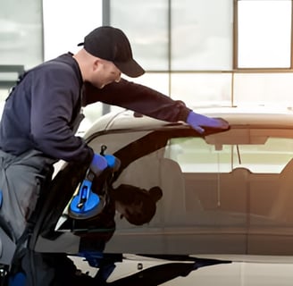 a man cleaning a car with a blue glove