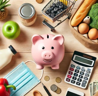 Hand inserting a coin into a piggy bank with a shopping list.