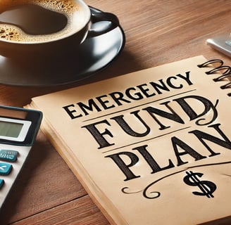 A notebook with "Emergency Fund Plan" written on it, next to a cup of coffee and a calculator.