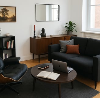 Cozy coaching room for hypnotherapy, Reiki, and meditation sessions