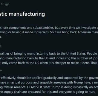 Post on the cost of domenstic manufacturing