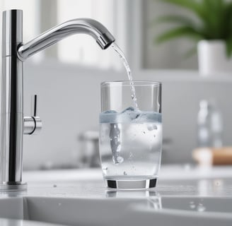 A vintage-style water filter with a classic design stands next to a counter. The counter is topped with glass bottles and stacked paper cups. A colorful poster is visible on the side of the counter. The room features large windows with a view of greenery outside.