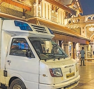 Mumbai, India - Dec. 25, 2024: Ambulance standing out side the Bandra station in Mumbai, India, on W