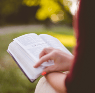 Woman reading bible in garden. Tagline-real life, rooted in Christ. One faithful moment at a time.