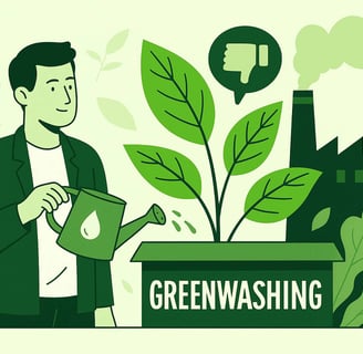 Illustration of a man watering a plant labeled “Greenwashing” while a factory emits smoke