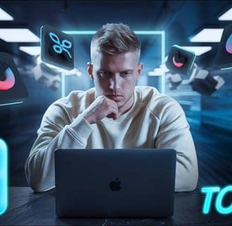 Man using a laptop with futuristic AI tool icons floating around, representing 9 powerful AI tools f