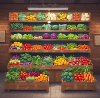 A vibrant display of various fresh vegetables neatly arranged in cardboard boxes and plastic packaging. The assortment includes green beans, spinach, broccoli, zucchini, bell peppers, mushrooms, and spring onions, creating a lively and colorful scene.