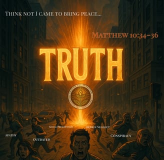 A dramatic city scene with crowds of people running in fear from a glowing, divine word “TRUTH” erupting like fire in the mid