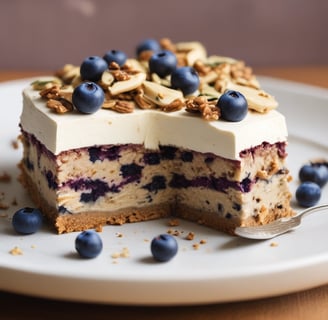 A bowl filled with vibrant purple smoothie, topped with a variety of nuts and seeds, is placed on a light surface. To the right of the bowl, a package labeled 'Daily Essentials' in blue and white coloring is visible.