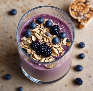 A jar of unsweetened protein peanut butter is placed on a surface surrounded by peanuts, against a bright yellow background. Next to it is a cardboard box, and a small potted plant with green leaves and white flowers is in the background.