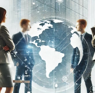 a group of business people standing around a globe