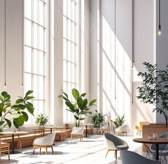 A white and bright coffee lounge with floor to ceiling windows surrounded by green plants & sunlight