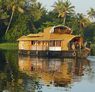 A boat house in the backwaters with coconut trees in the background