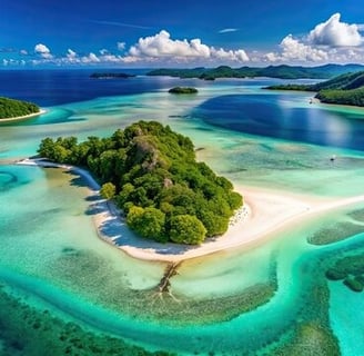 Beautiful scenery with blue water island, green trees and blue sky with white clouds