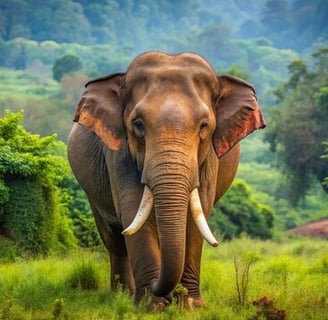 A Elephant walking alone with trees surrounding both the sides