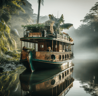 A boat floating on the water with greenery around the boat