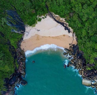 A beach surrounded by mountains, tress and stones