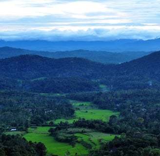 Mountains, valleys with lush green mountains with blue sky