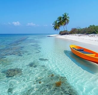 Orange color boat floating on and sea with blue crystal clear water, coconut trees and greenery in t