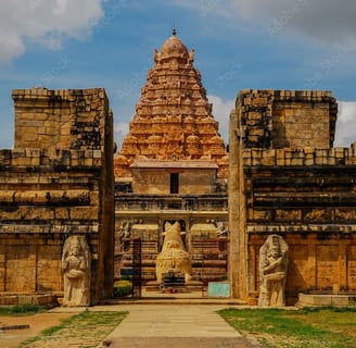 A beautiful temple with ancient sculptures with golden color