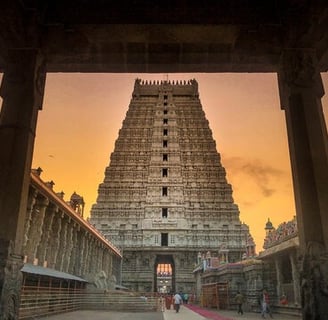 A temple shrine with sky background with golden color and sun rising color