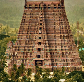 A huge Temple  gopura with green backdrop depicting the Hindu temple