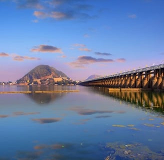 A water body prominently known as lake and a bridge