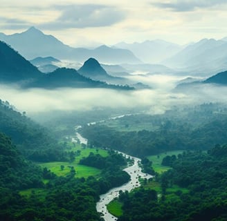 A beautiful scenery of western ghats with water flowing in middle of mountain ranges