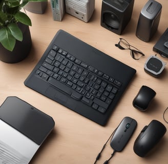 A collection of electronic gadgets and accessories arranged neatly on a wooden surface. Items include a laptop with the Apple logo, a DSLR camera, camera lenses, a smartphone, a wireless keyboard, sunglasses, a leather wallet, a closed notebook, and a tablet device.